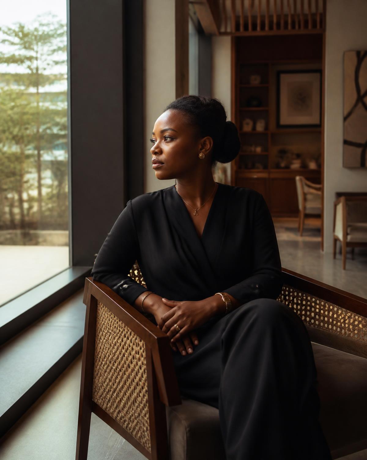 A modern Nigerian professional seated by a window in a contemporary interior